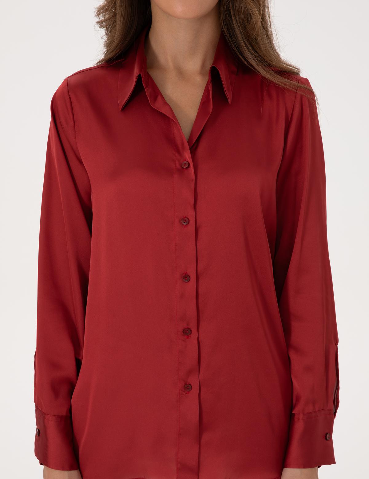 Bordo Regular Fit Saten Uzun Kollu Gömlek - 50319346004