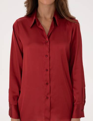 Bordo Regular Fit Saten Uzun Kollu Gömlek