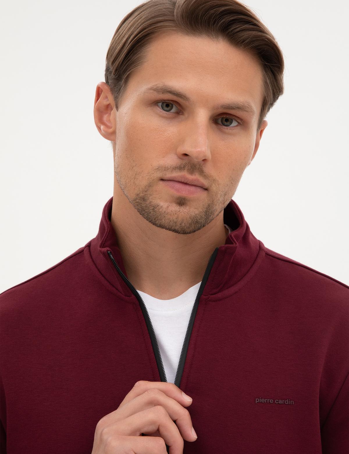 Bordo 3 İplik Regular Fit Fermuarlı Dik Yaka Basic Sweatshirt - 50314044034
