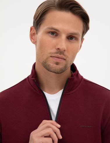 Bordo 3 İplik Regular Fit Fermuarlı Dik Yaka Basic Sweatshirt