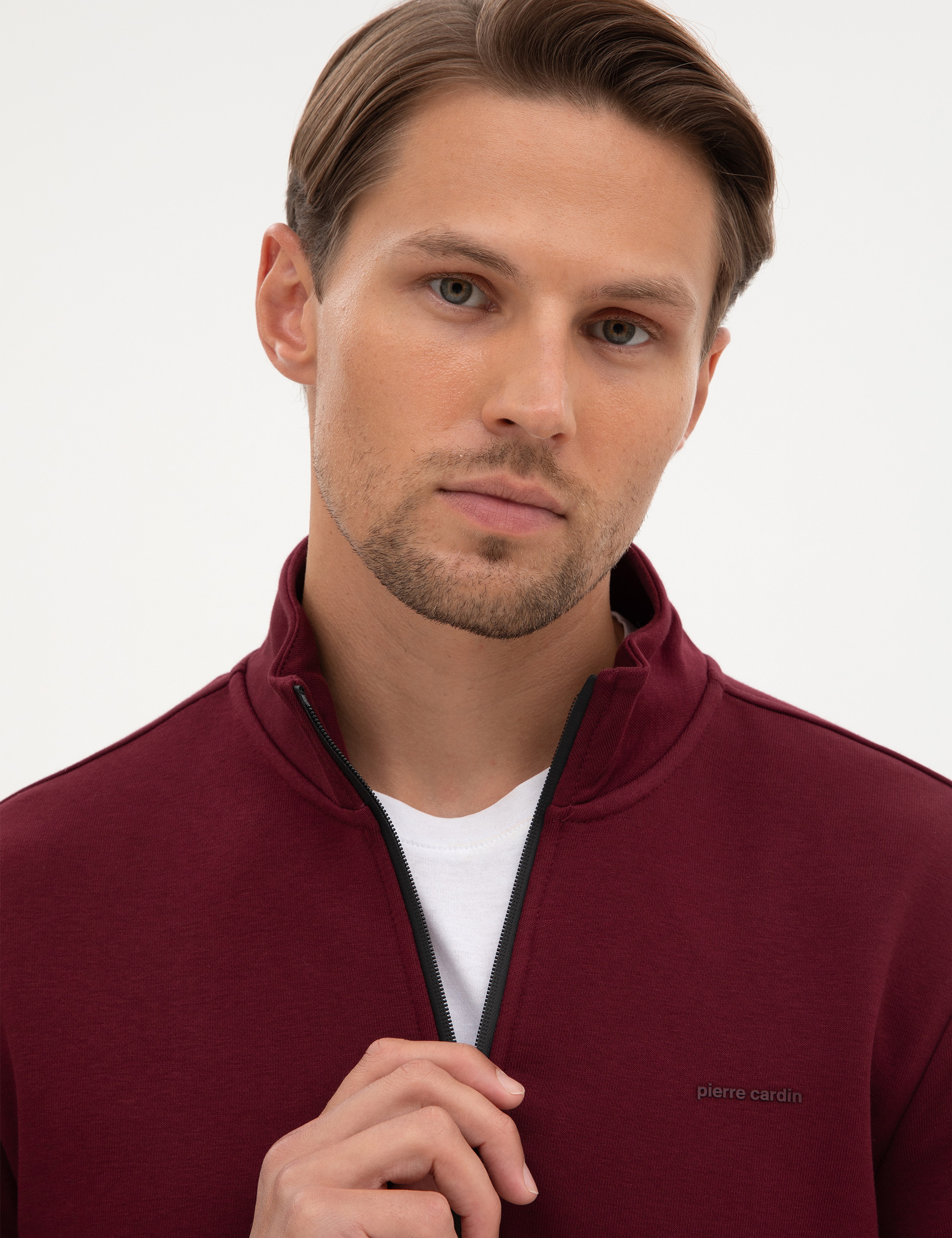 Bordo 3 İplik Regular Fit Fermuarlı Dik Yaka Basic Sweatshirt