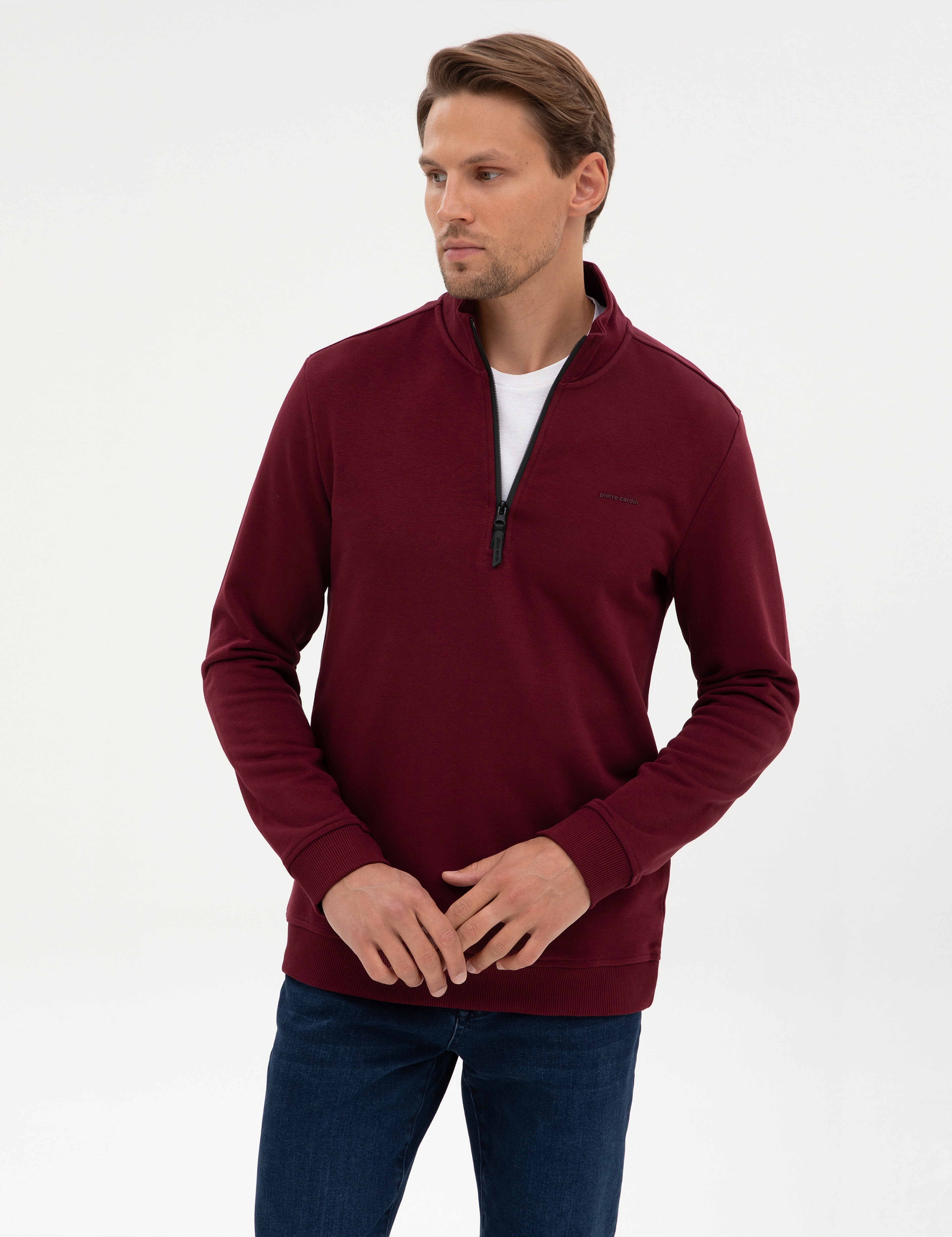 Bordo 3 İplik Regular Fit Fermuarlı Dik Yaka Basic Sweatshirt - Image 3