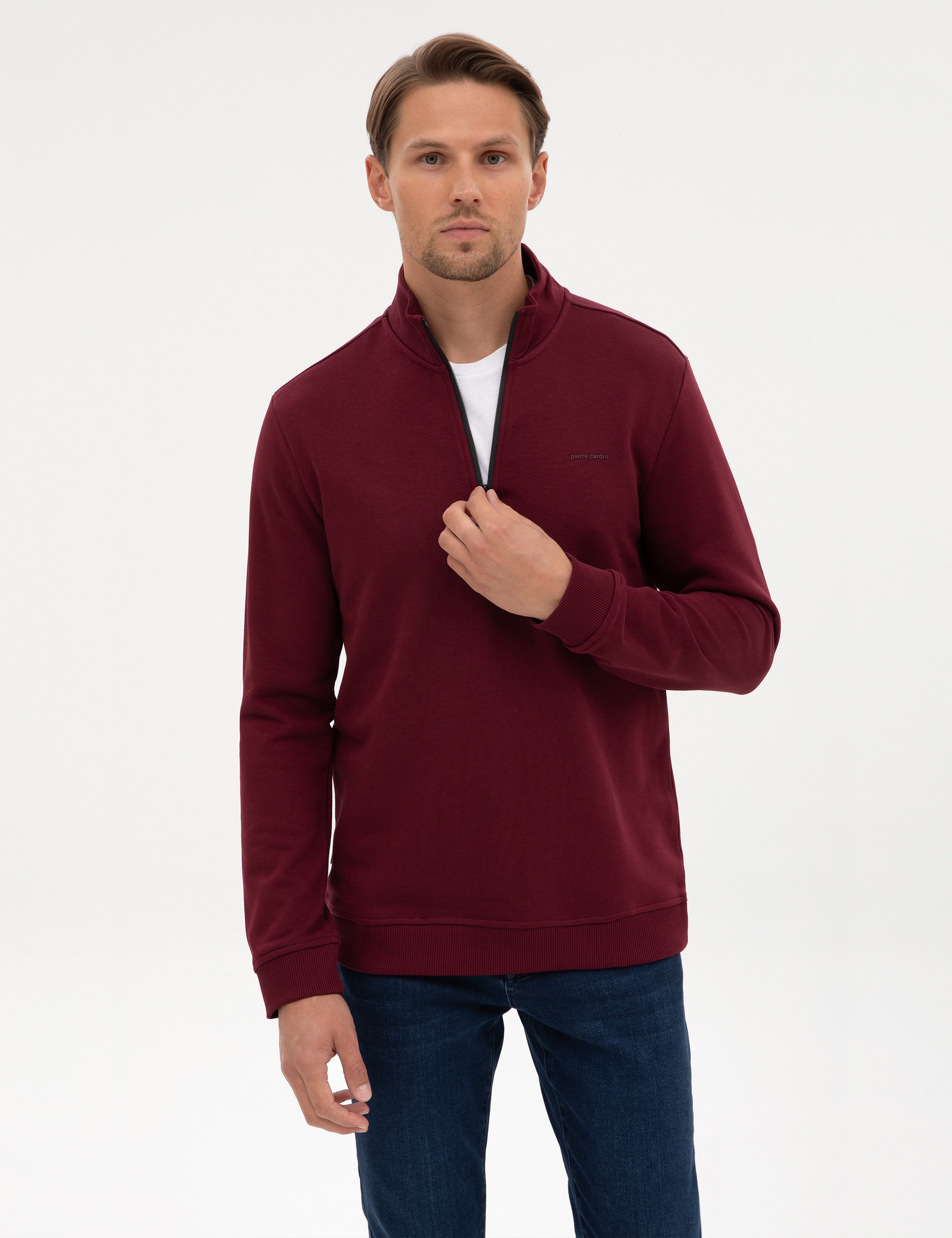 Bordo 3 İplik Regular Fit Fermuarlı Dik Yaka Basic Sweatshirt - Image 1