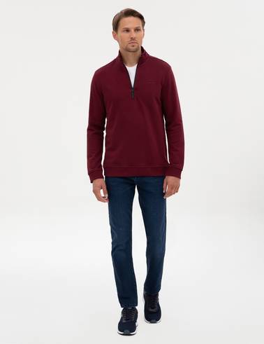 Bordo 3 İplik Regular Fit Fermuarlı Dik Yaka Basic Sweatshirt
