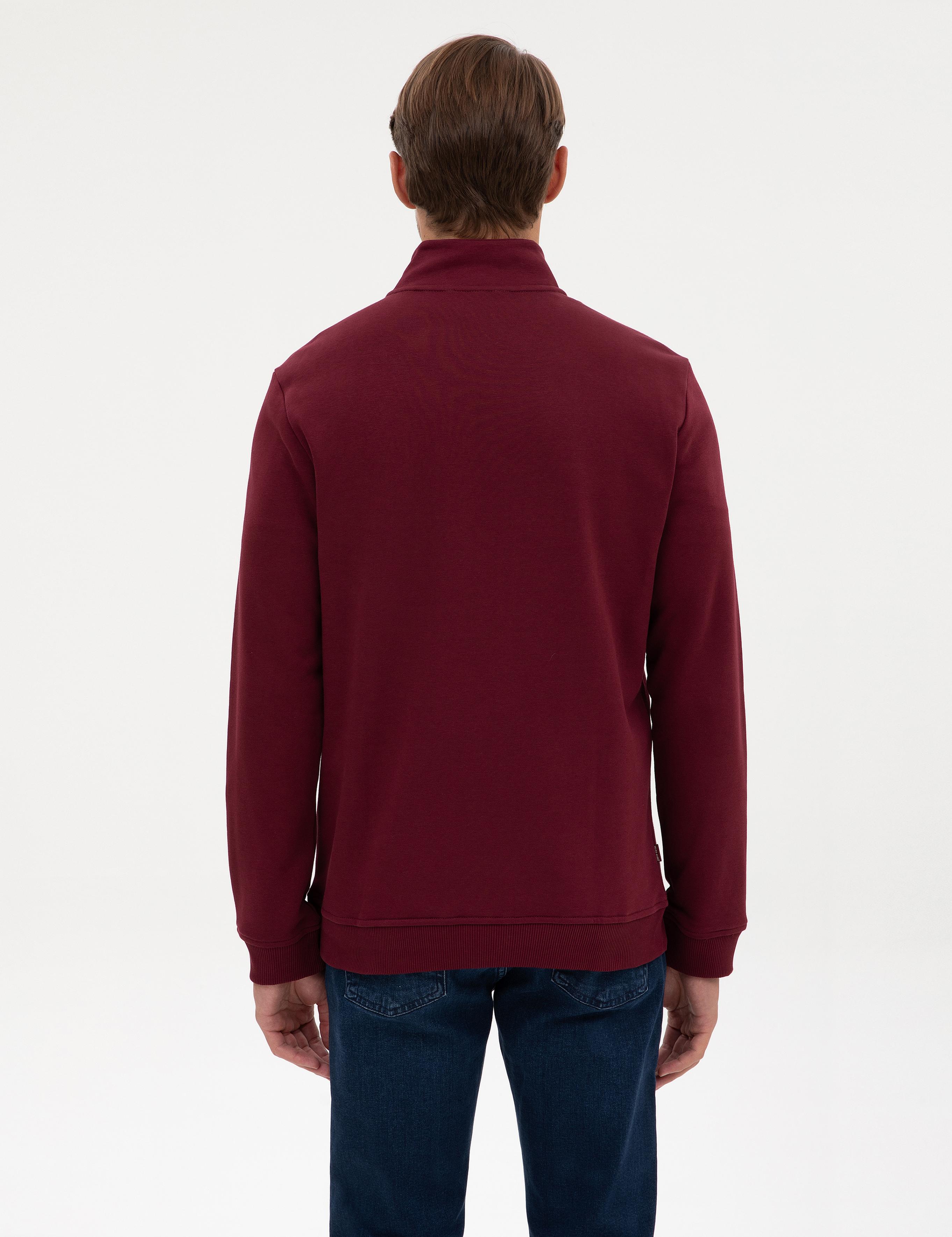 Bordo 3 İplik Regular Fit Fermuarlı Dik Yaka Basic Sweatshirt