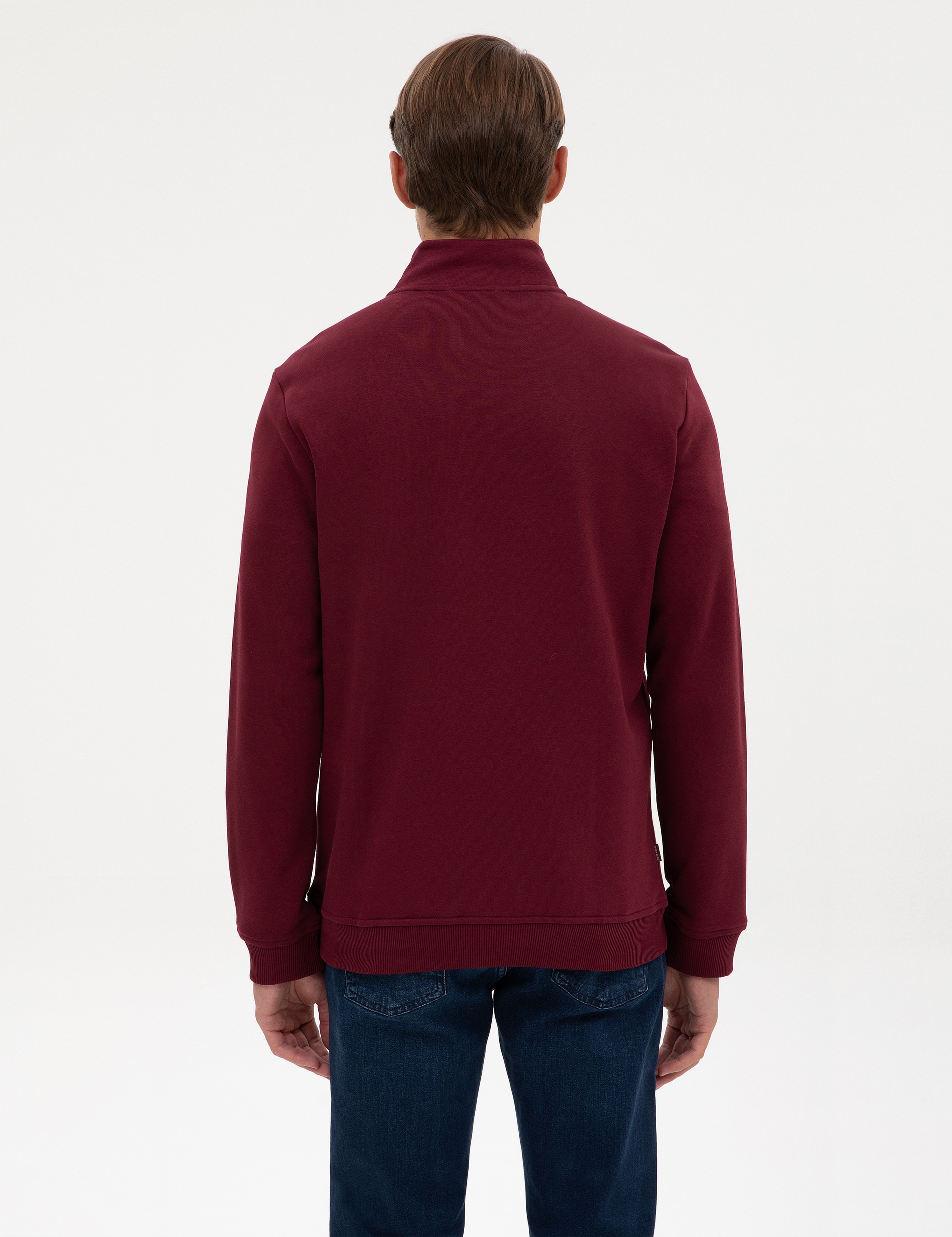 Bordo 3 İplik Regular Fit Fermuarlı Dik Yaka Basic Sweatshirt - Image 5