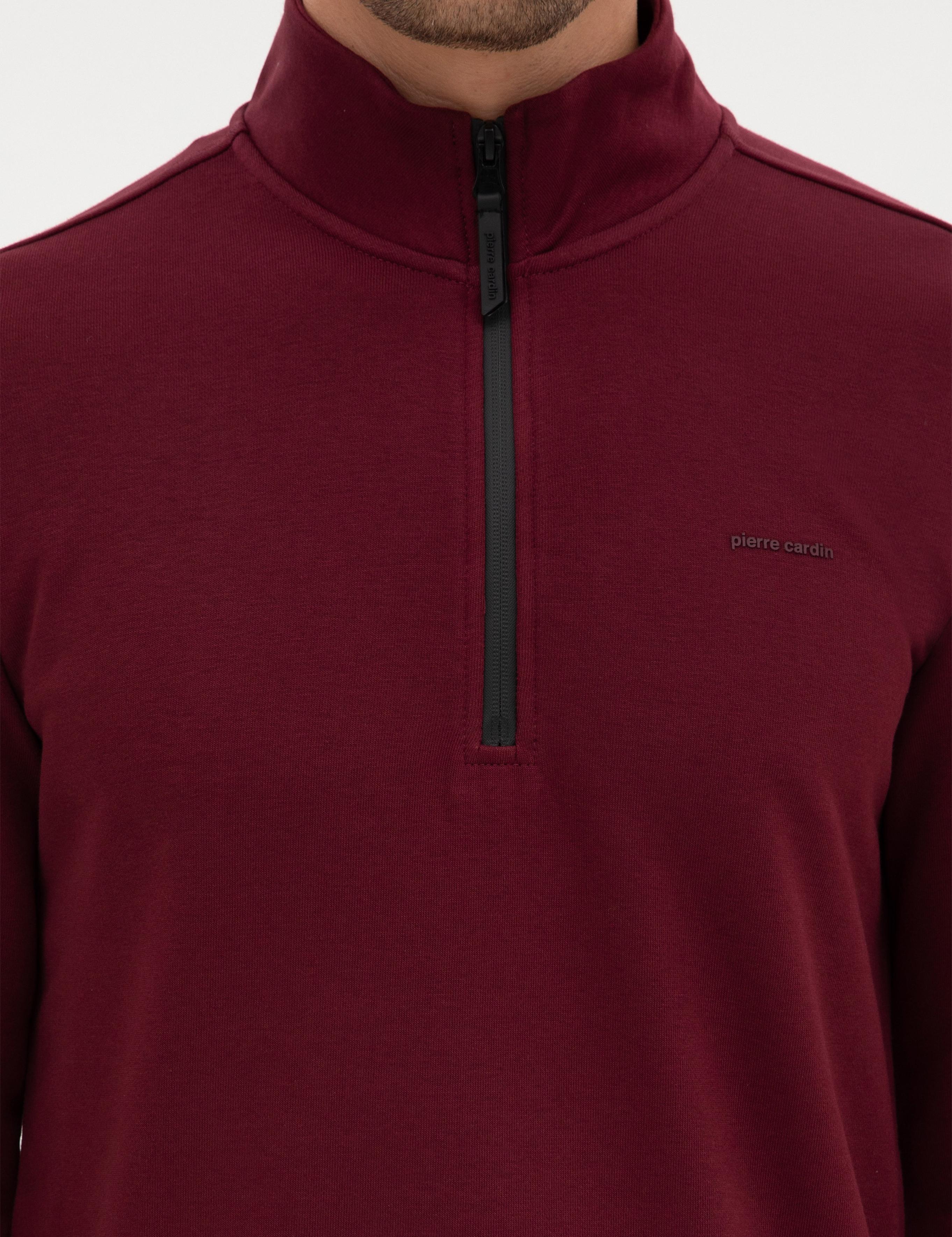 Bordo 3 İplik Regular Fit Fermuarlı Dik Yaka Basic Sweatshirt