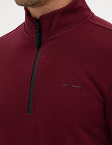 Bordo 3 İplik Regular Fit Fermuarlı Dik Yaka Basic Sweatshirt