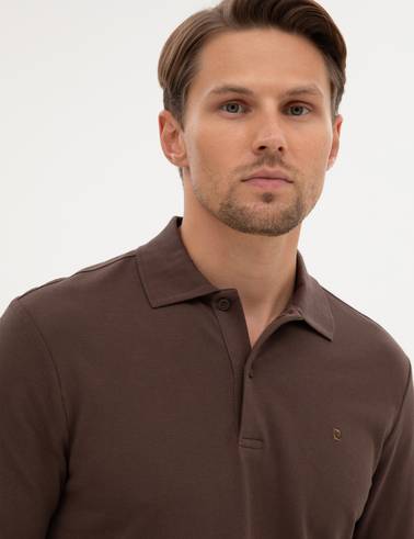 Koyu Kahverengi Slim Fit Kıvrılmaz Polo Yaka Basic Pike Sweatshirt