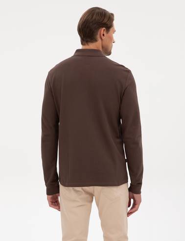 Koyu Kahverengi Slim Fit Kıvrılmaz Polo Yaka Basic Pike Sweatshirt