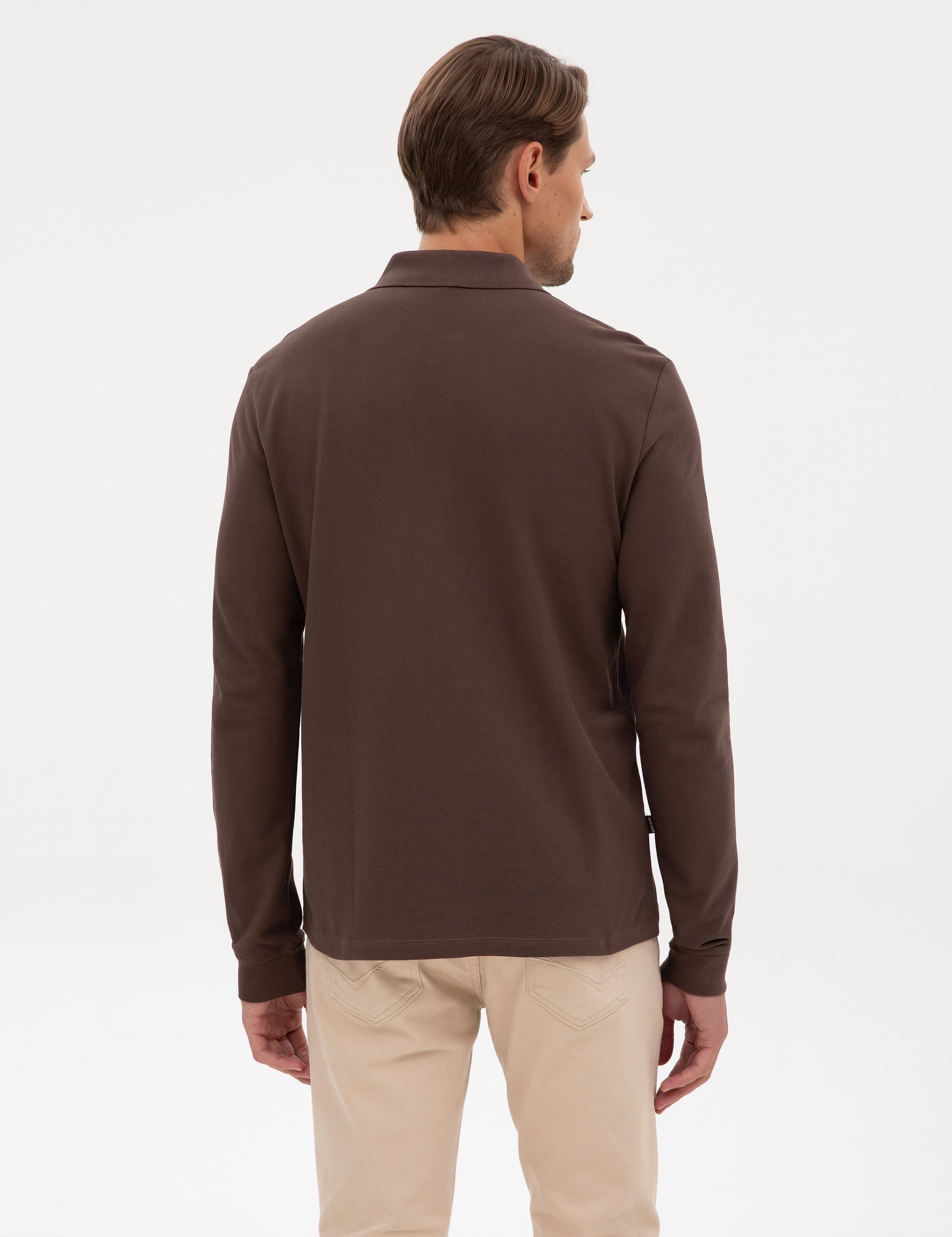 Koyu Kahverengi Slim Fit Kıvrılmaz Polo Yaka Basic Pike Sweatshirt - Image 5