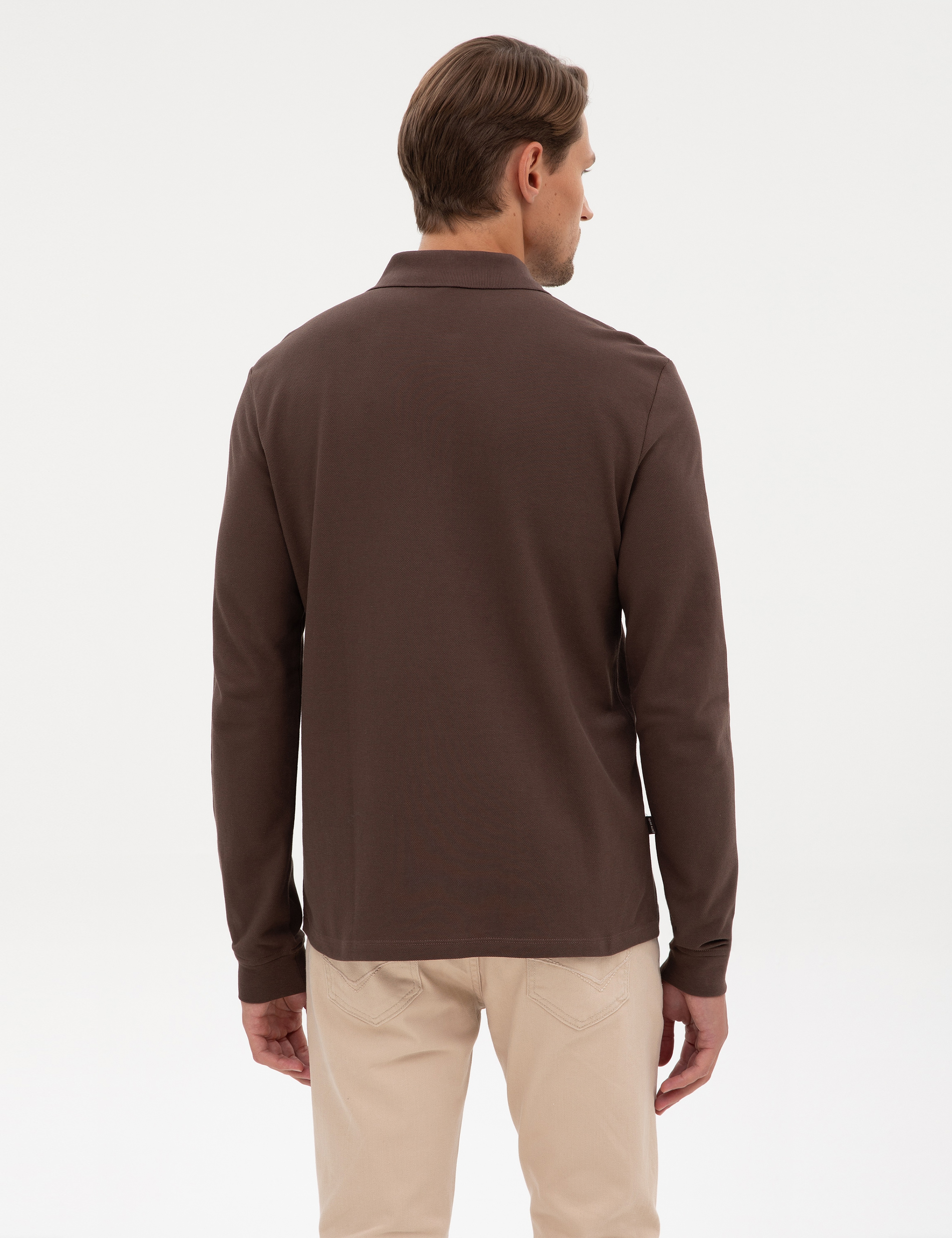 Koyu Kahverengi Slim Fit Kıvrılmaz Polo Yaka Basic Pike Sweatshirt