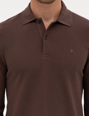 Koyu Kahverengi Slim Fit Kıvrılmaz Polo Yaka Basic Pike Sweatshirt