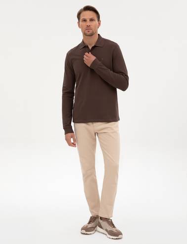 Koyu Kahverengi Slim Fit Kıvrılmaz Polo Yaka Basic Pike Sweatshirt