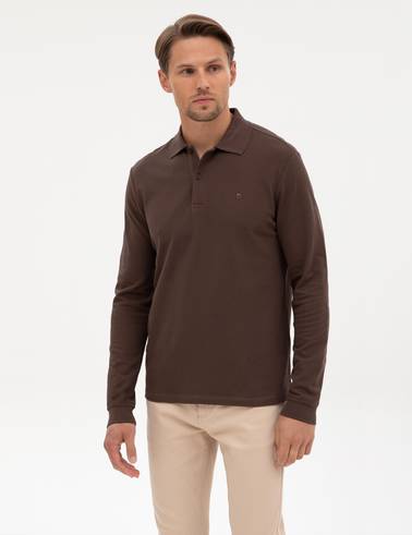 Koyu Kahverengi Slim Fit Kıvrılmaz Polo Yaka Basic Pike Sweatshirt