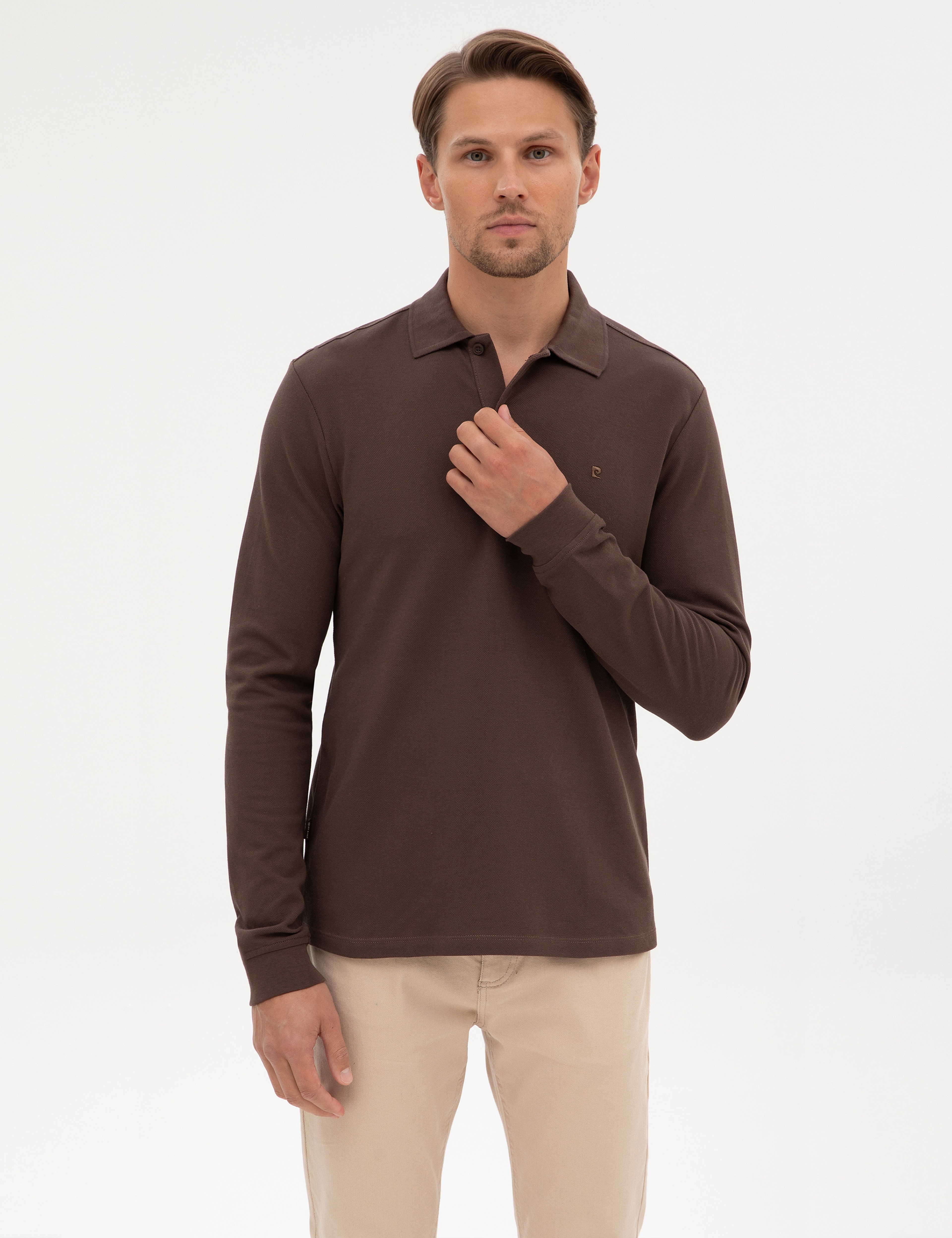 Koyu Kahverengi Slim Fit Kıvrılmaz Polo Yaka Basic Pike Sweatshirt