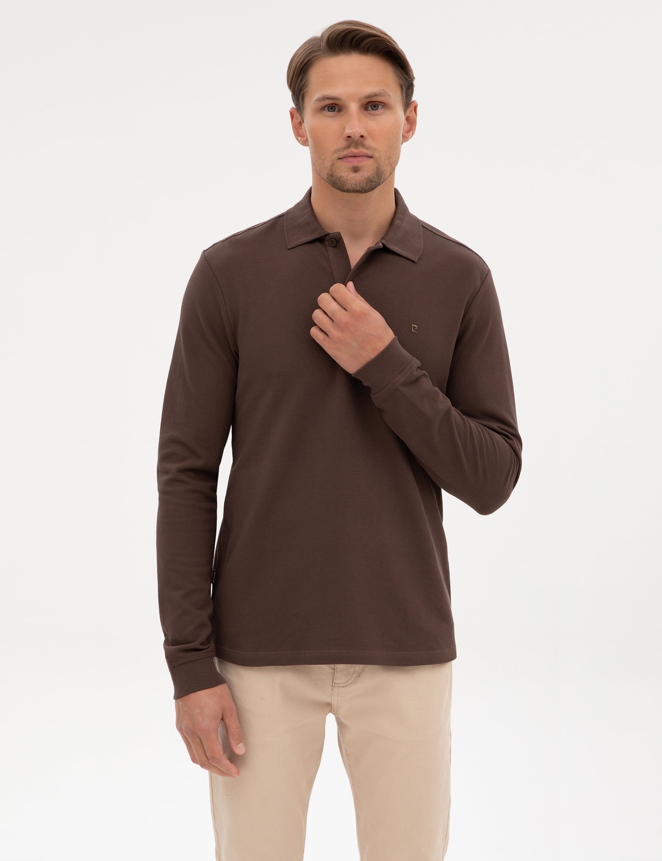 Koyu Kahverengi Slim Fit Kıvrılmaz Polo Yaka Basic Pike Sweatshirt