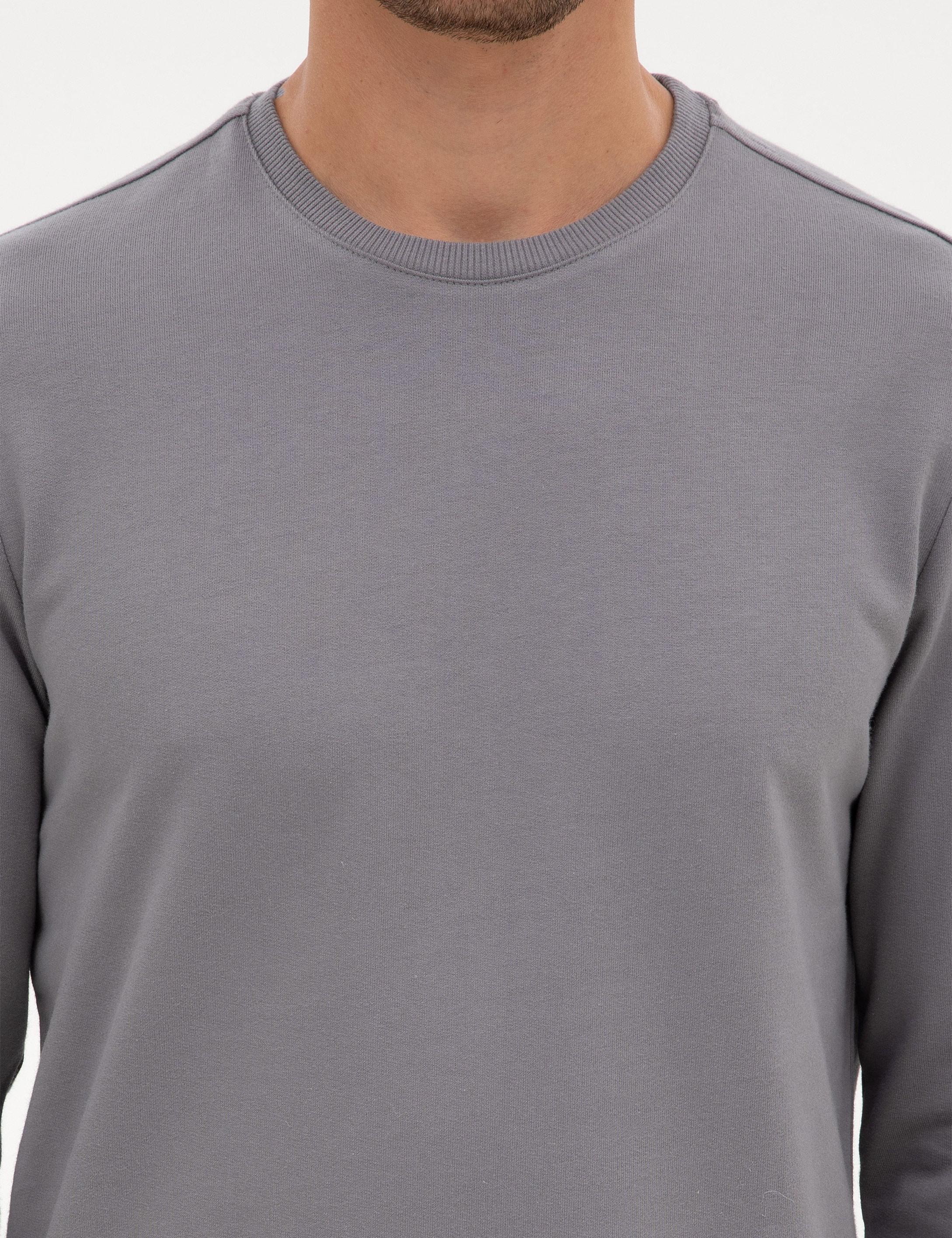 Gri 2 İplik Regular Fit Bisiklet Yaka Basic Sweatshirt - Image 6