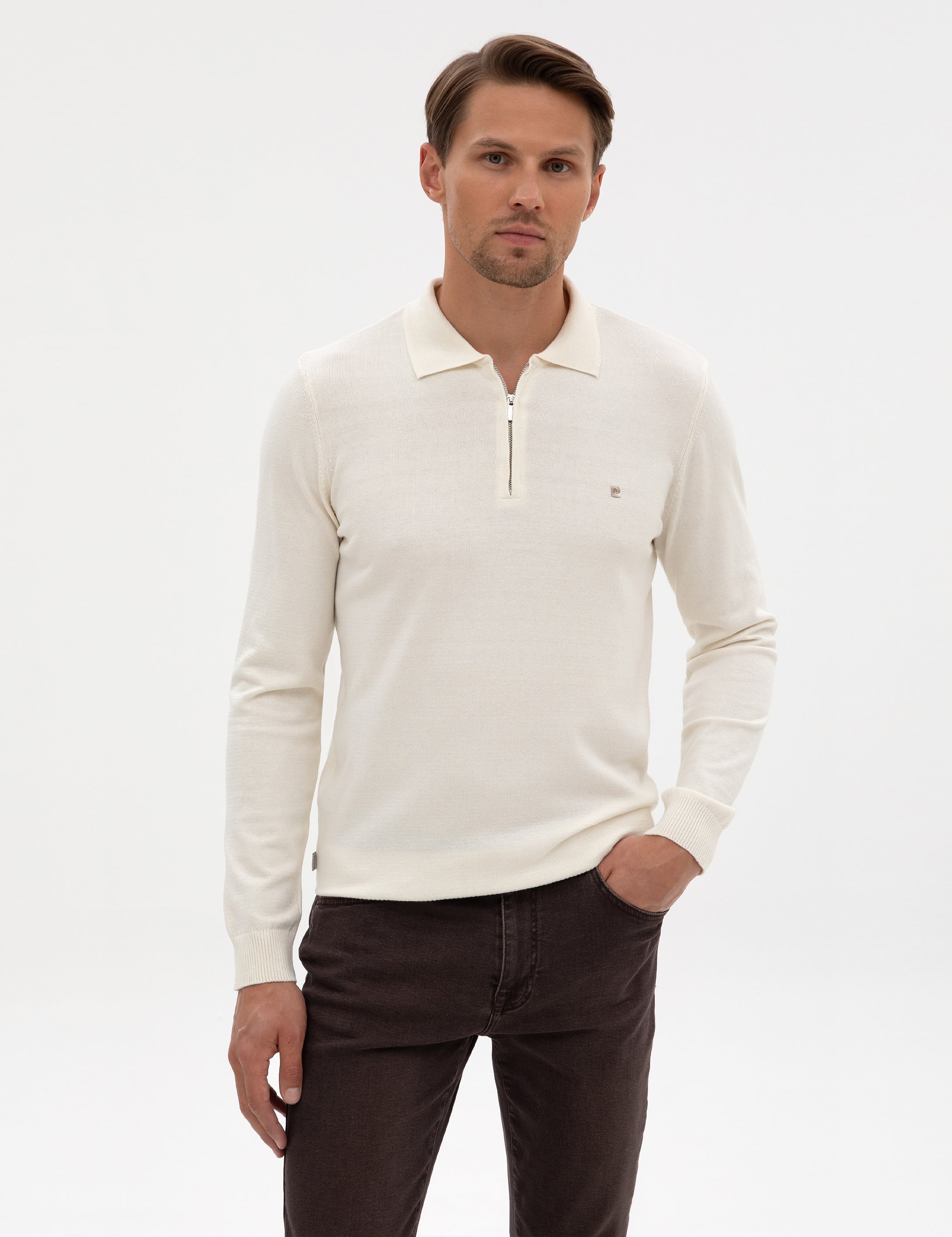 Ekru Slim Fit Fermuarlı Polo Yaka Basic Triko Kazak