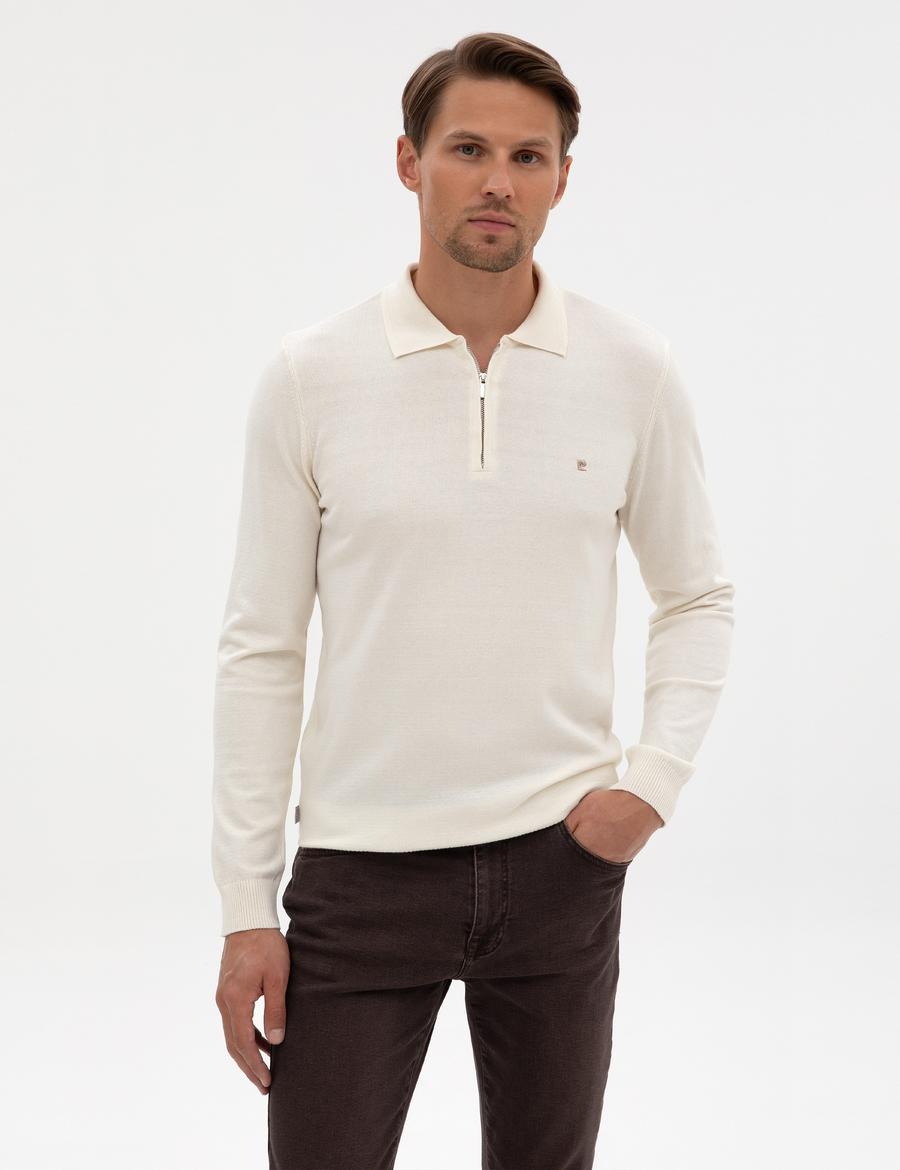 Ekru Slim Fit Polo Yaka Fermuarlı Basic Triko Kazak