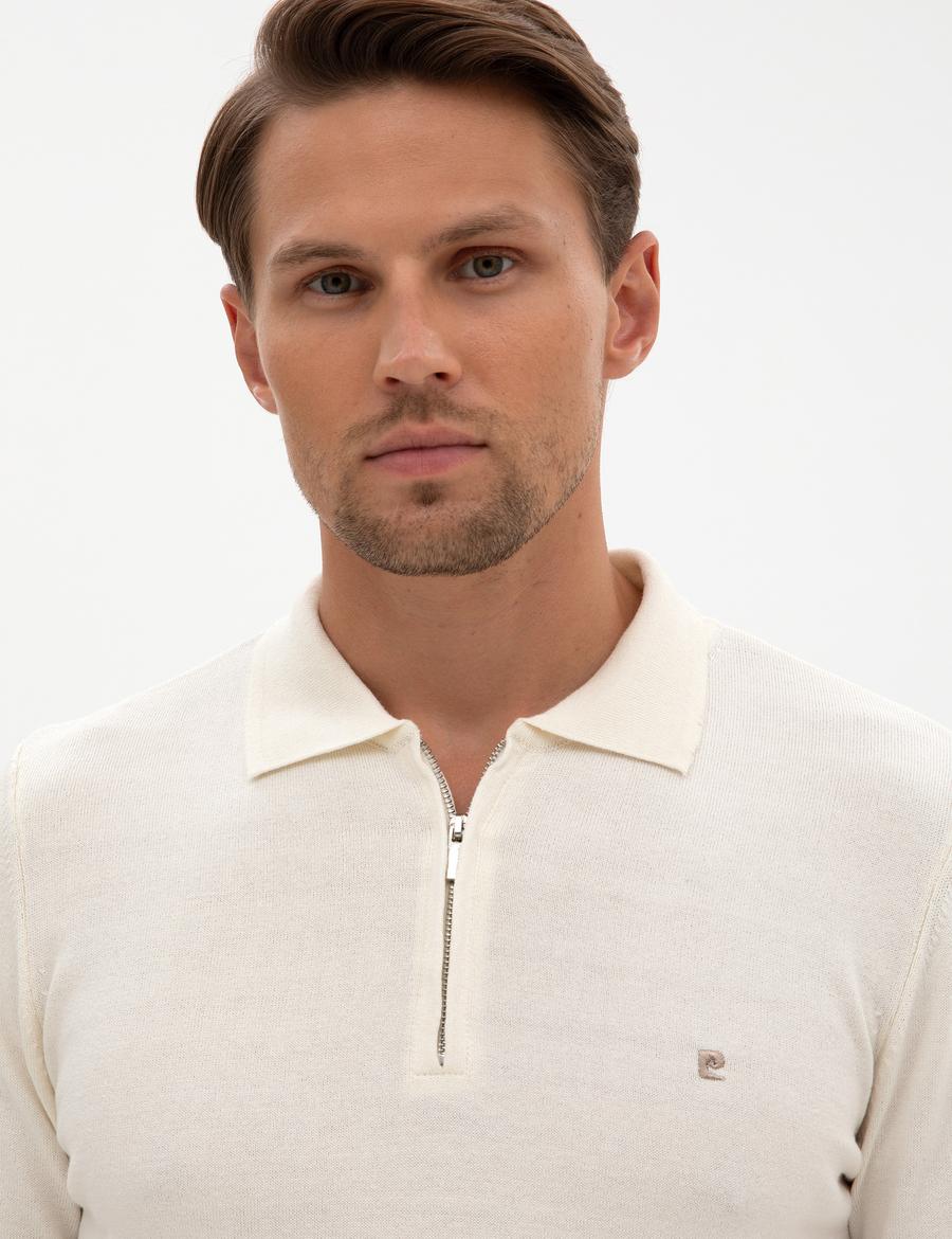 Ekru Slim Fit Polo Yaka Fermuarlı Basic Triko Kazak