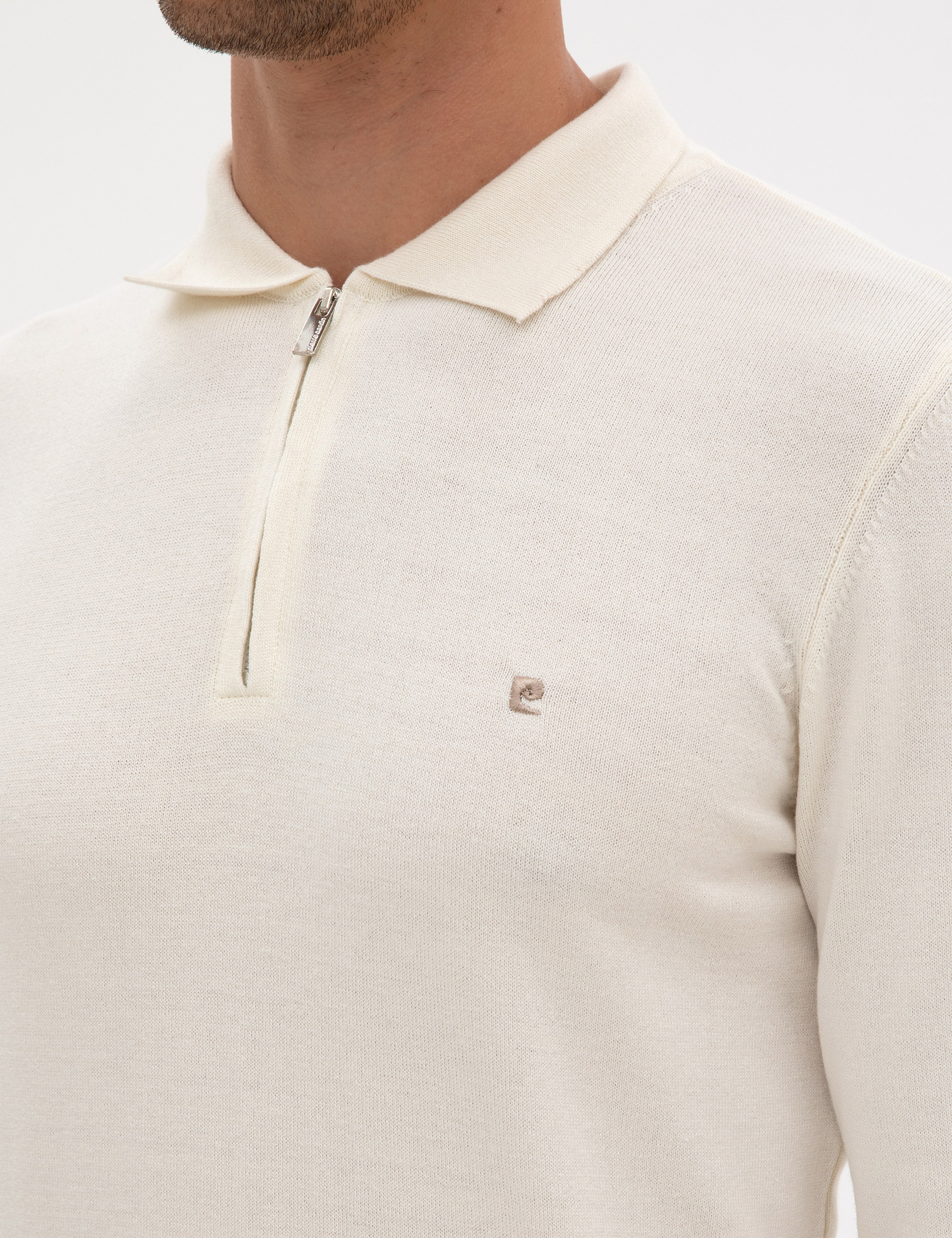 Ekru Slim Fit Fermuarlı Polo Yaka Basic Triko Kazak