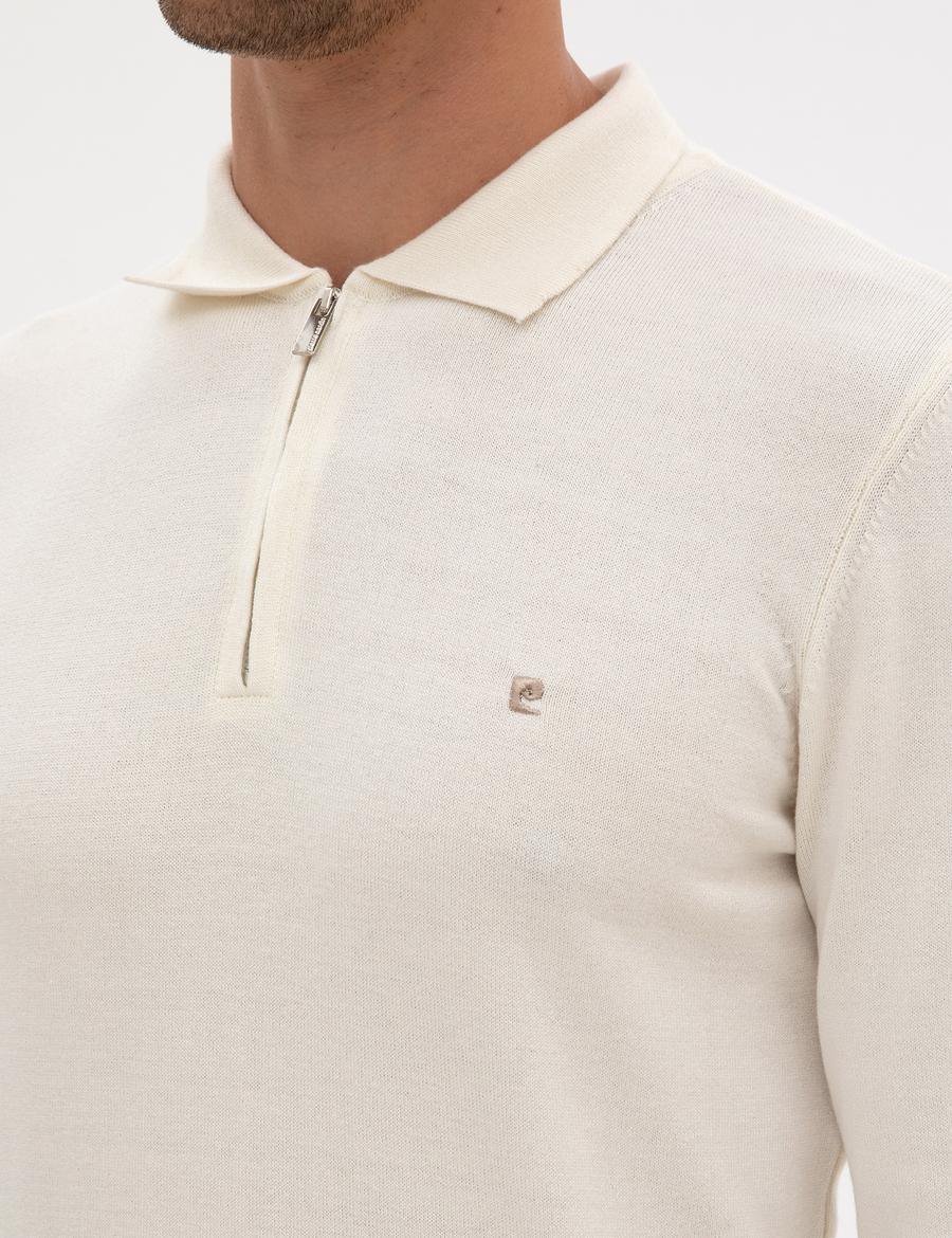 Ekru Slim Fit Polo Yaka Fermuarlı Basic Triko Kazak