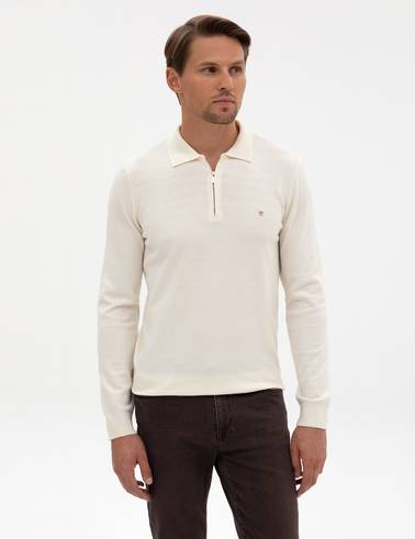 Ekru Slim Fit Fermuarlı Polo Yaka Basic Triko Kazak