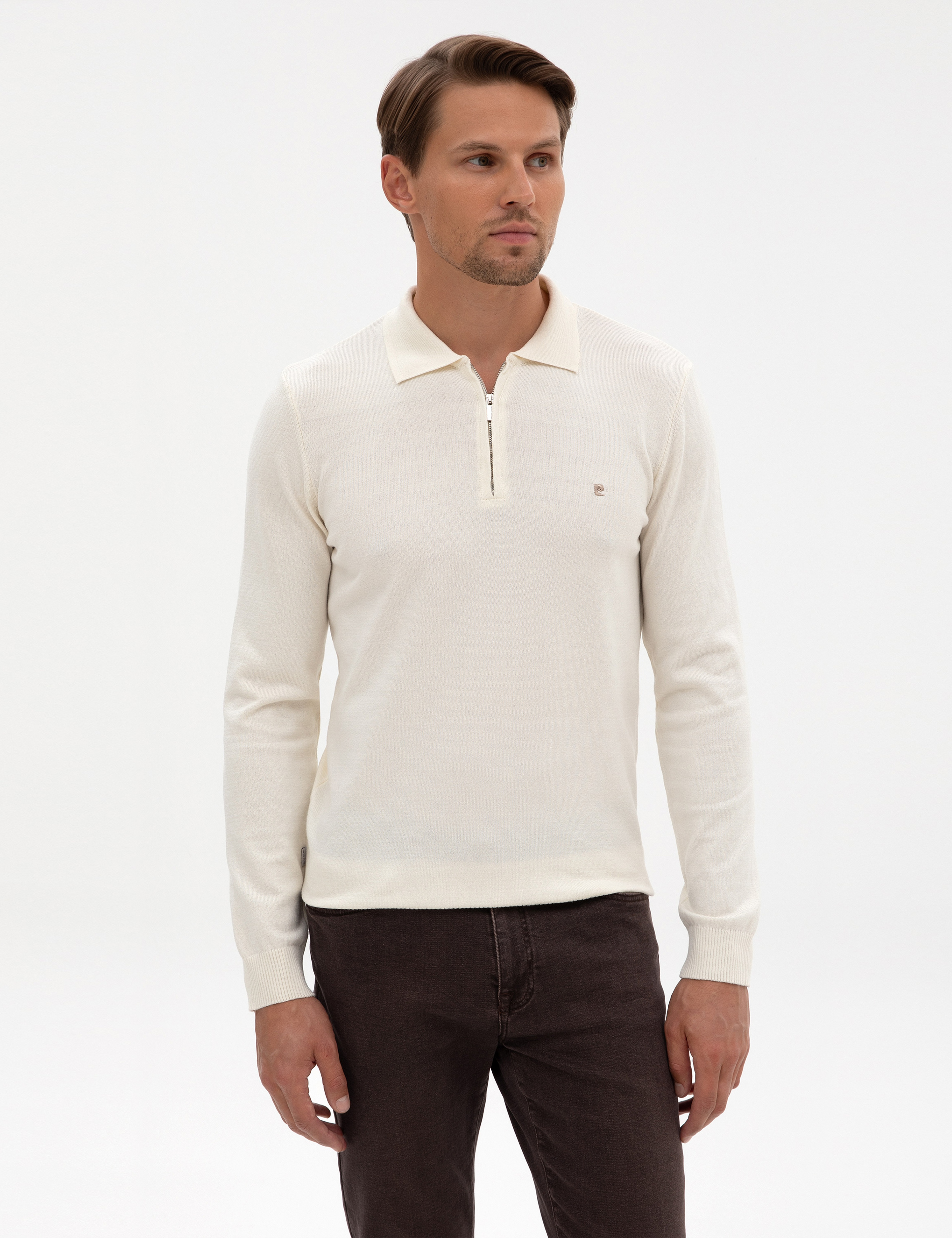 Ekru Slim Fit Fermuarlı Polo Yaka Basic Triko Kazak - Image 3