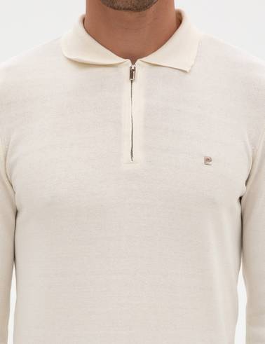 Ekru Slim Fit Fermuarlı Polo Yaka Basic Triko Kazak