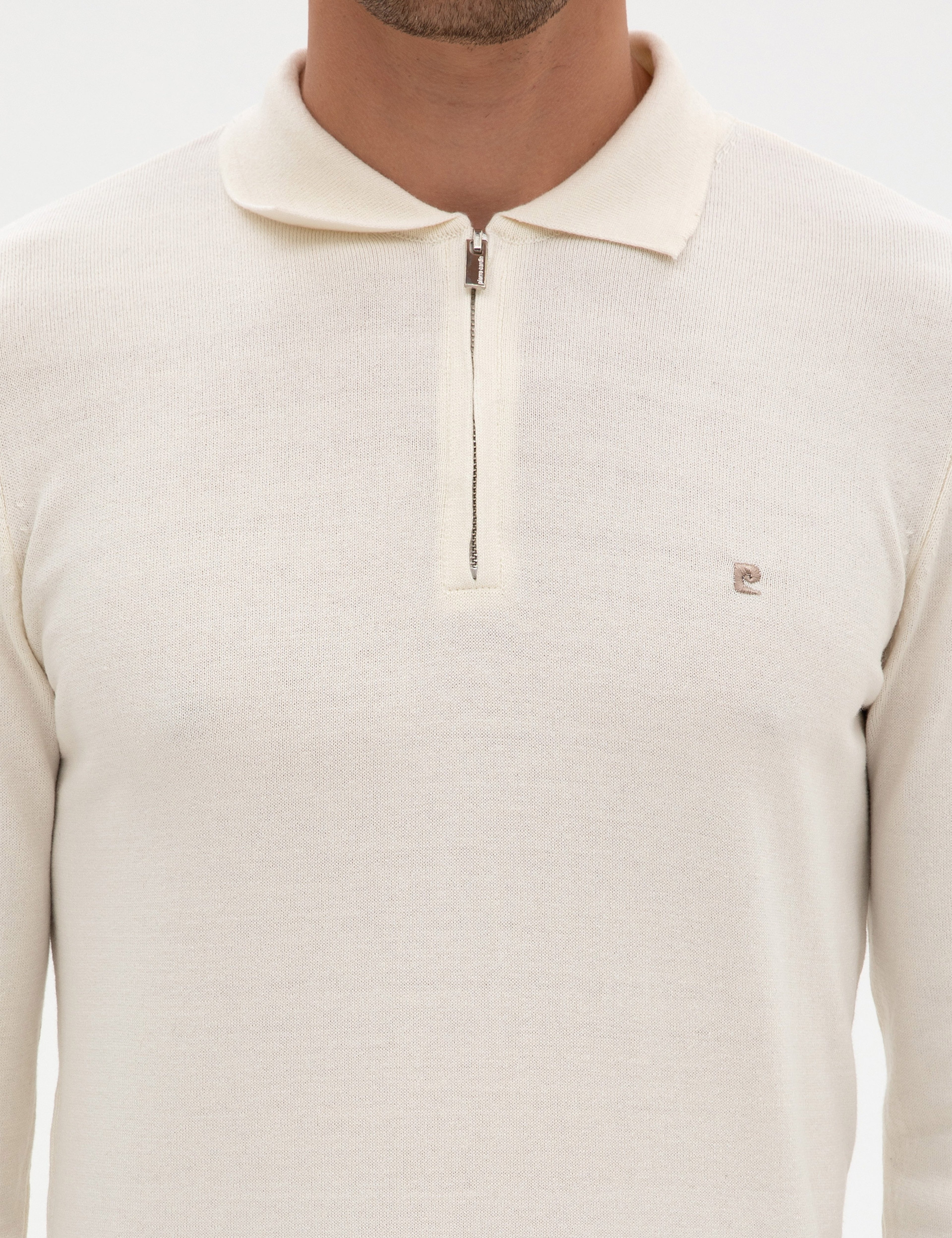 Ekru Slim Fit Fermuarlı Polo Yaka Basic Triko Kazak - Image 6