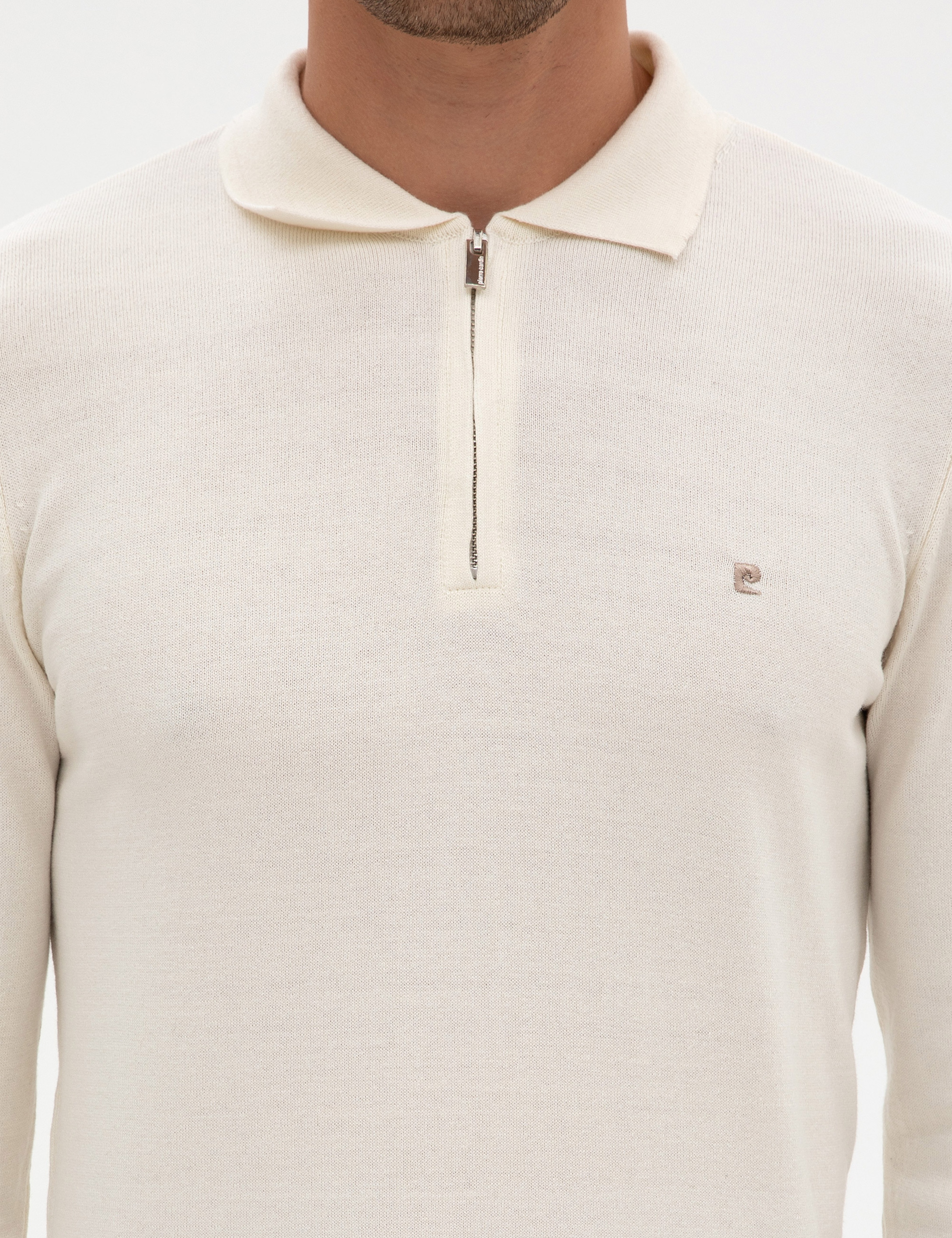 Ekru Slim Fit Fermuarlı Polo Yaka Basic Triko Kazak