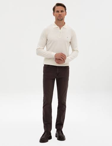 Ekru Slim Fit Fermuarlı Polo Yaka Basic Triko Kazak