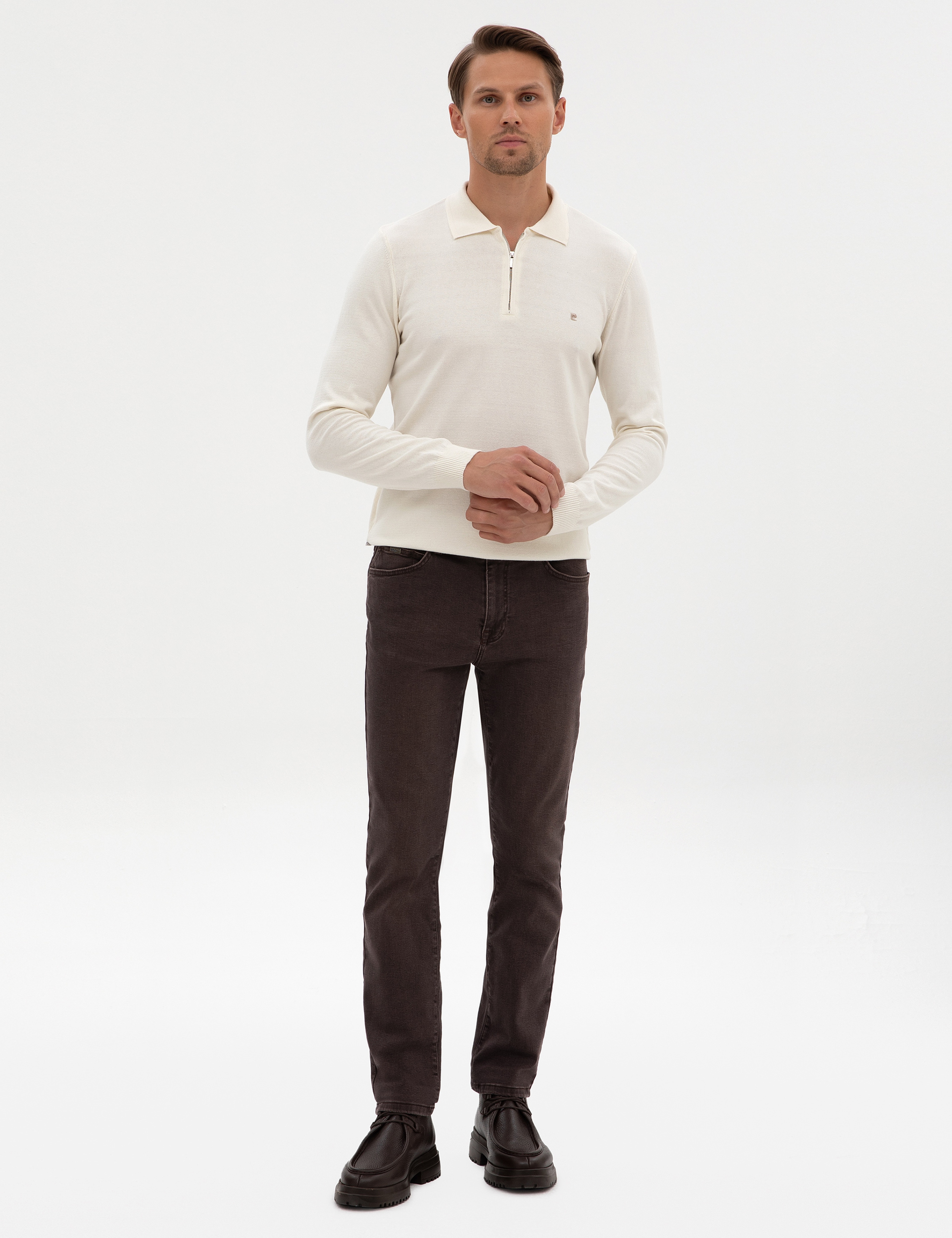 Ekru Slim Fit Fermuarlı Polo Yaka Basic Triko Kazak - Image 4