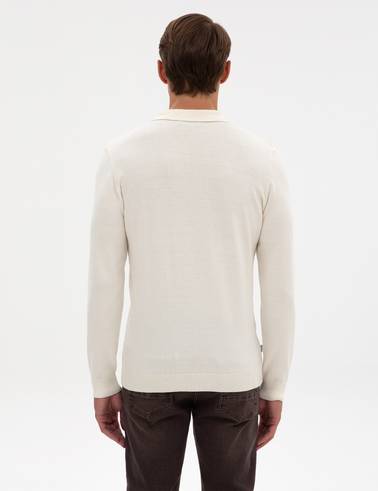 Ekru Slim Fit Fermuarlı Polo Yaka Basic Triko Kazak