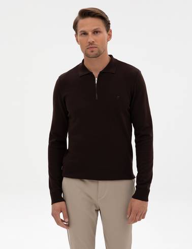 Koyu Kahverengi Slim Fit Fermuarlı Polo Yaka Basic Triko Kazak