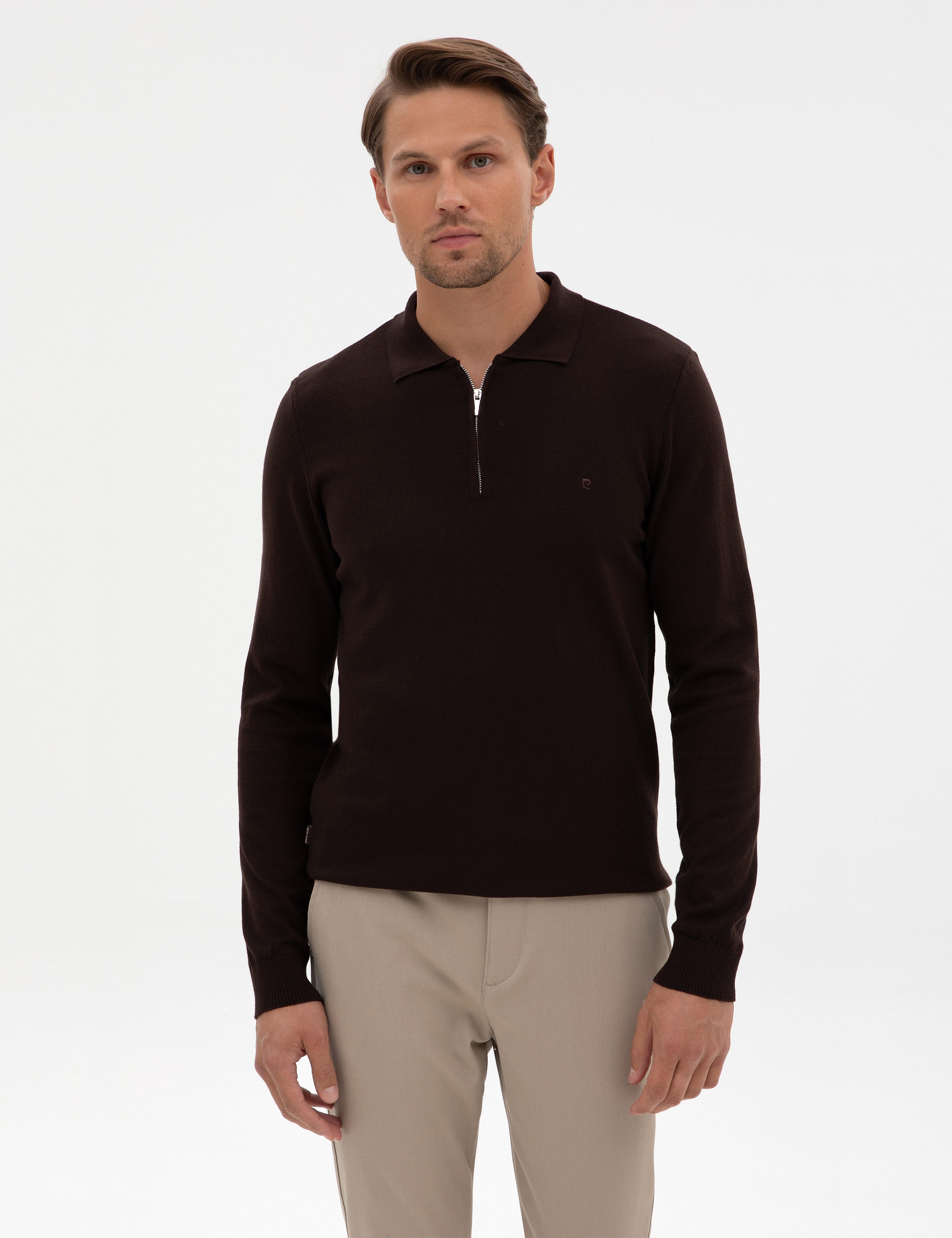 Koyu Kahverengi Slim Fit Fermuarlı Polo Yaka Basic Triko Kazak - Image 1