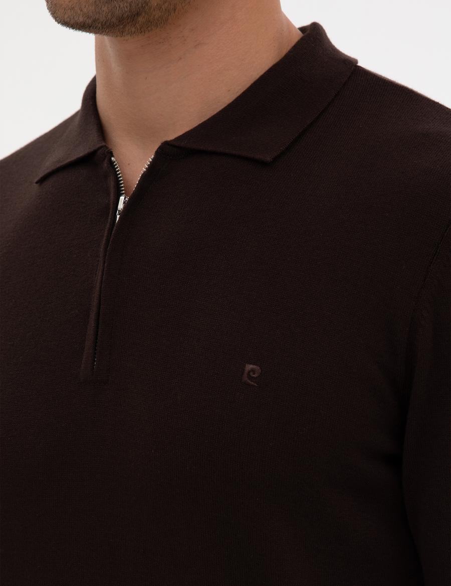 Koyu Kahverengi Slim Fit Polo Yaka Fermuarlı Basic Triko Kazak