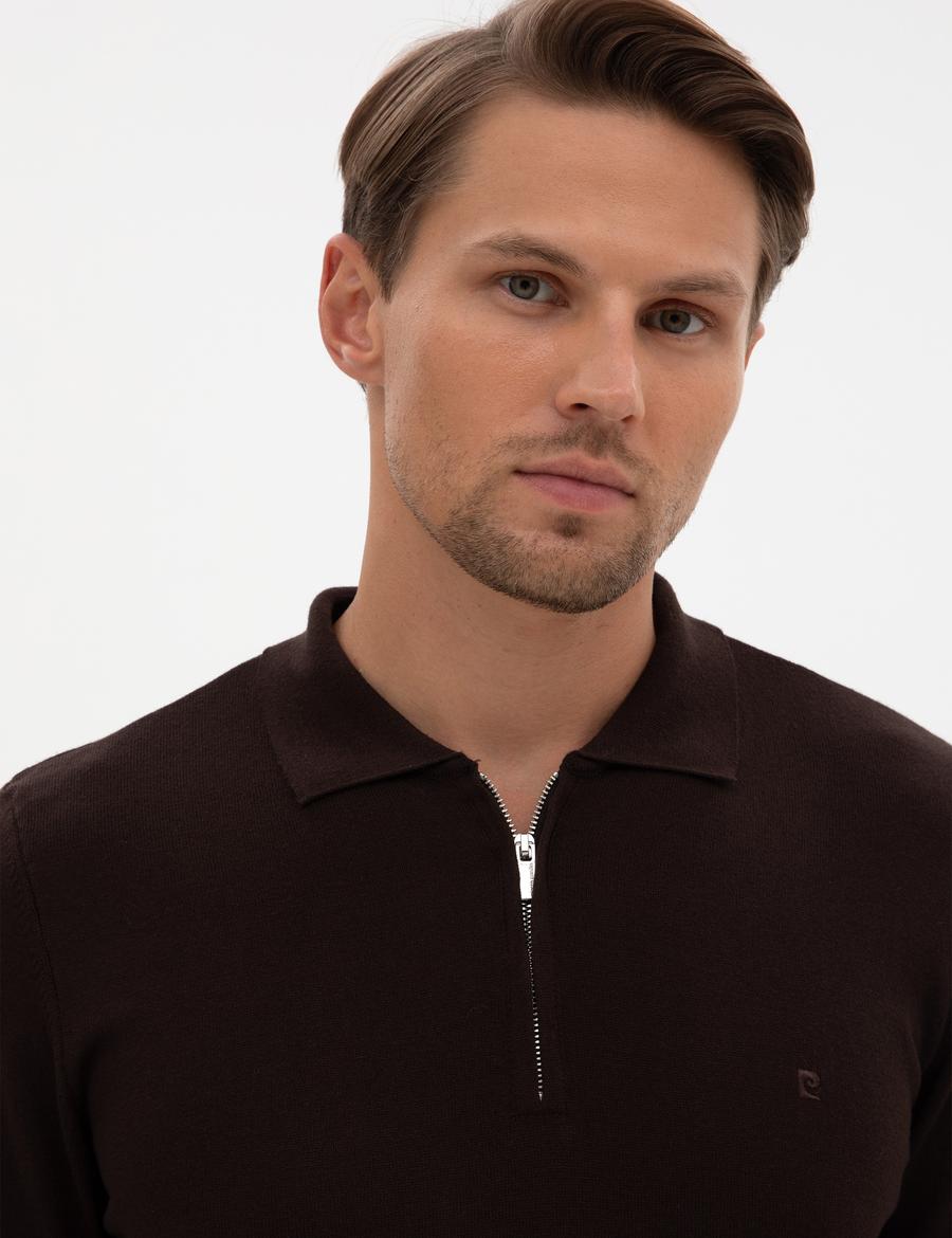 Koyu Kahverengi Slim Fit Polo Yaka Fermuarlı Basic Triko Kazak