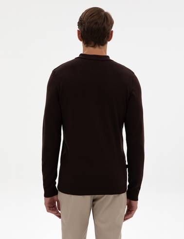 Koyu Kahverengi Slim Fit Fermuarlı Polo Yaka Basic Triko Kazak