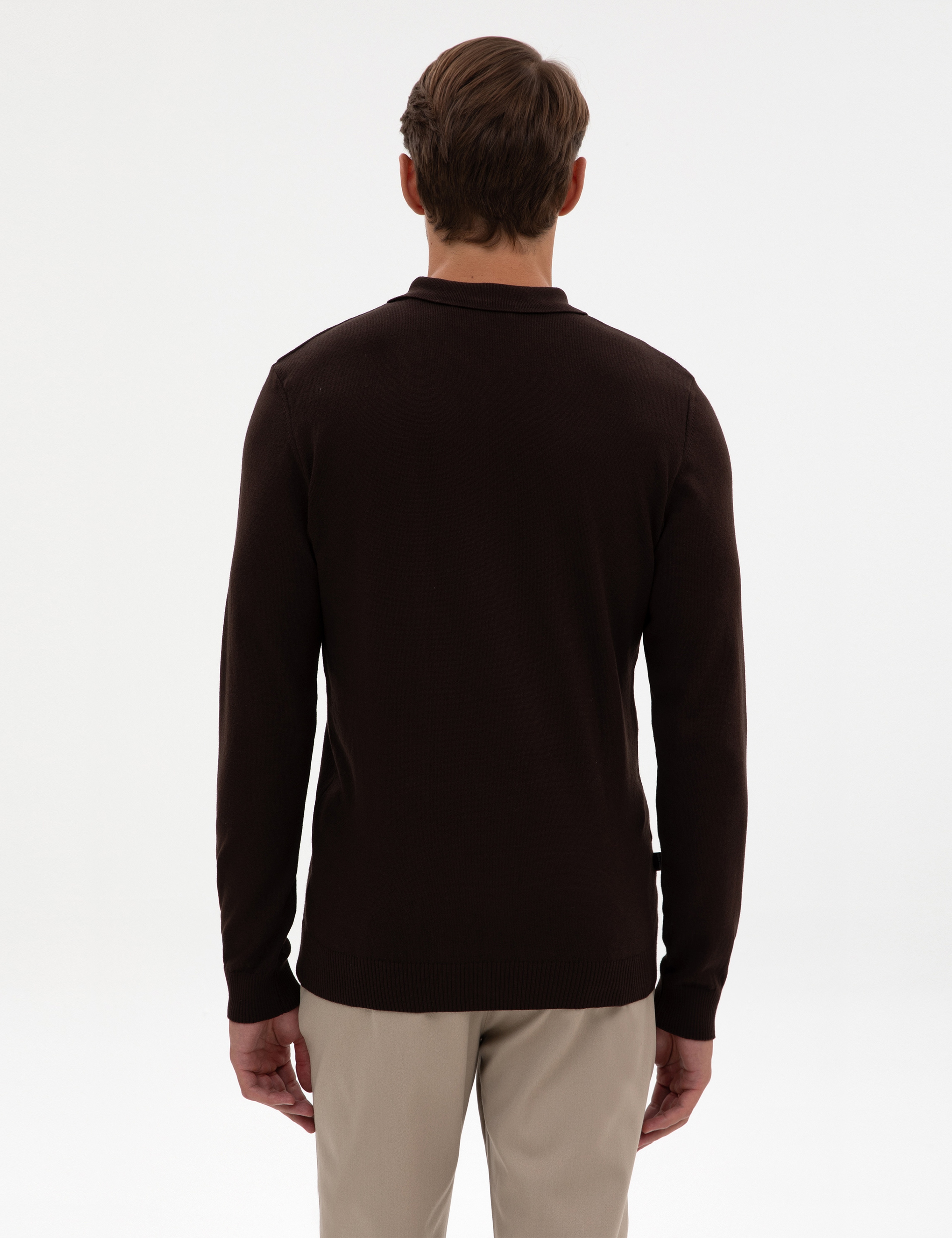 Koyu Kahverengi Slim Fit Fermuarlı Polo Yaka Basic Triko Kazak