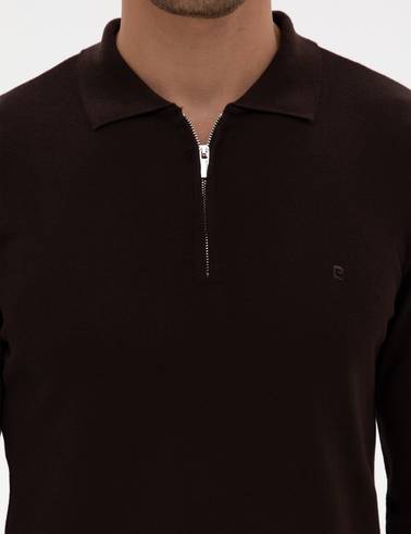 Koyu Kahverengi Slim Fit Fermuarlı Polo Yaka Basic Triko Kazak