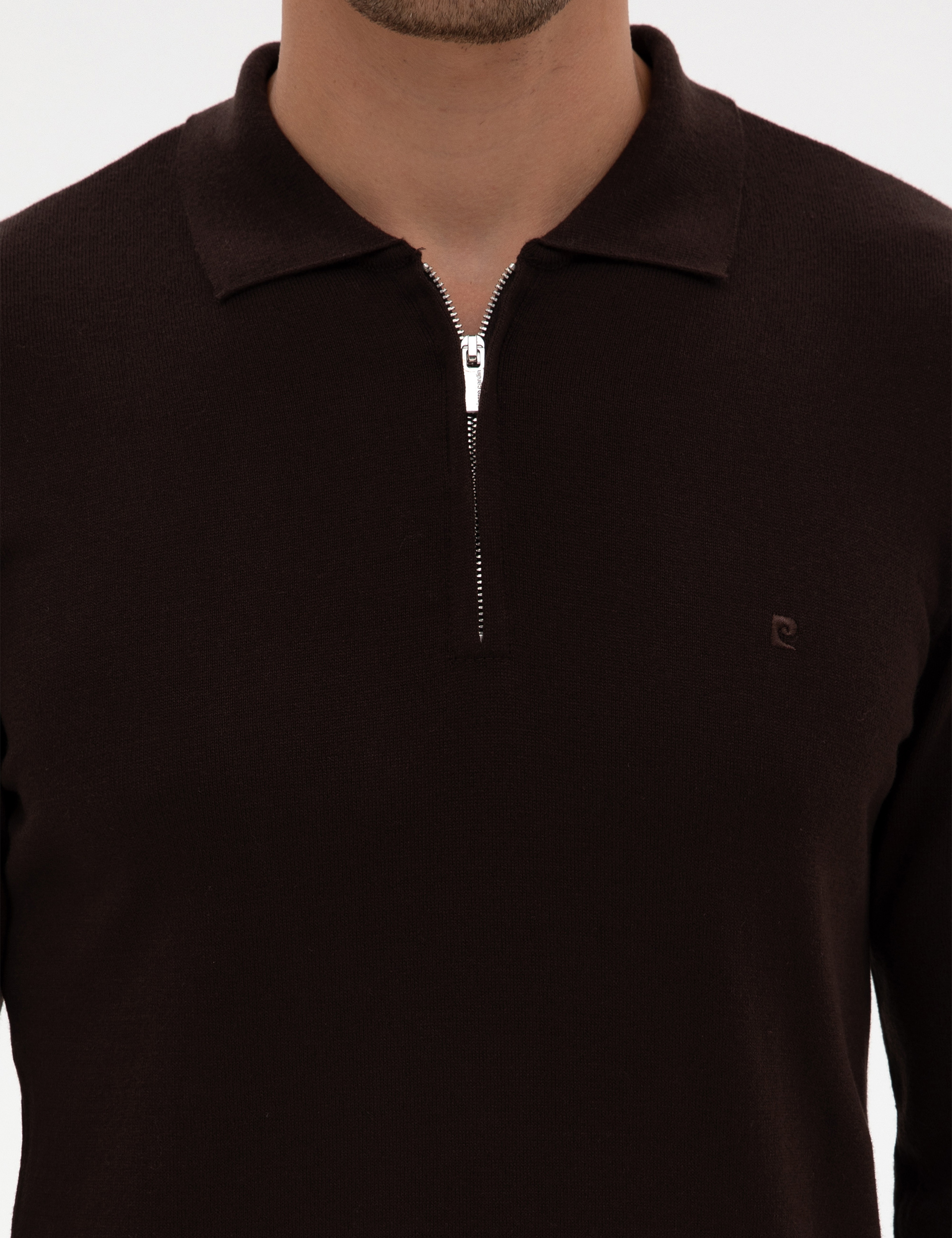 Koyu Kahverengi Slim Fit Fermuarlı Polo Yaka Basic Triko Kazak - Image 6