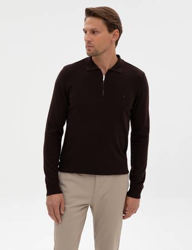 Koyu Kahverengi Slim Fit Fermuarlı Polo Yaka Basic Triko Kazak