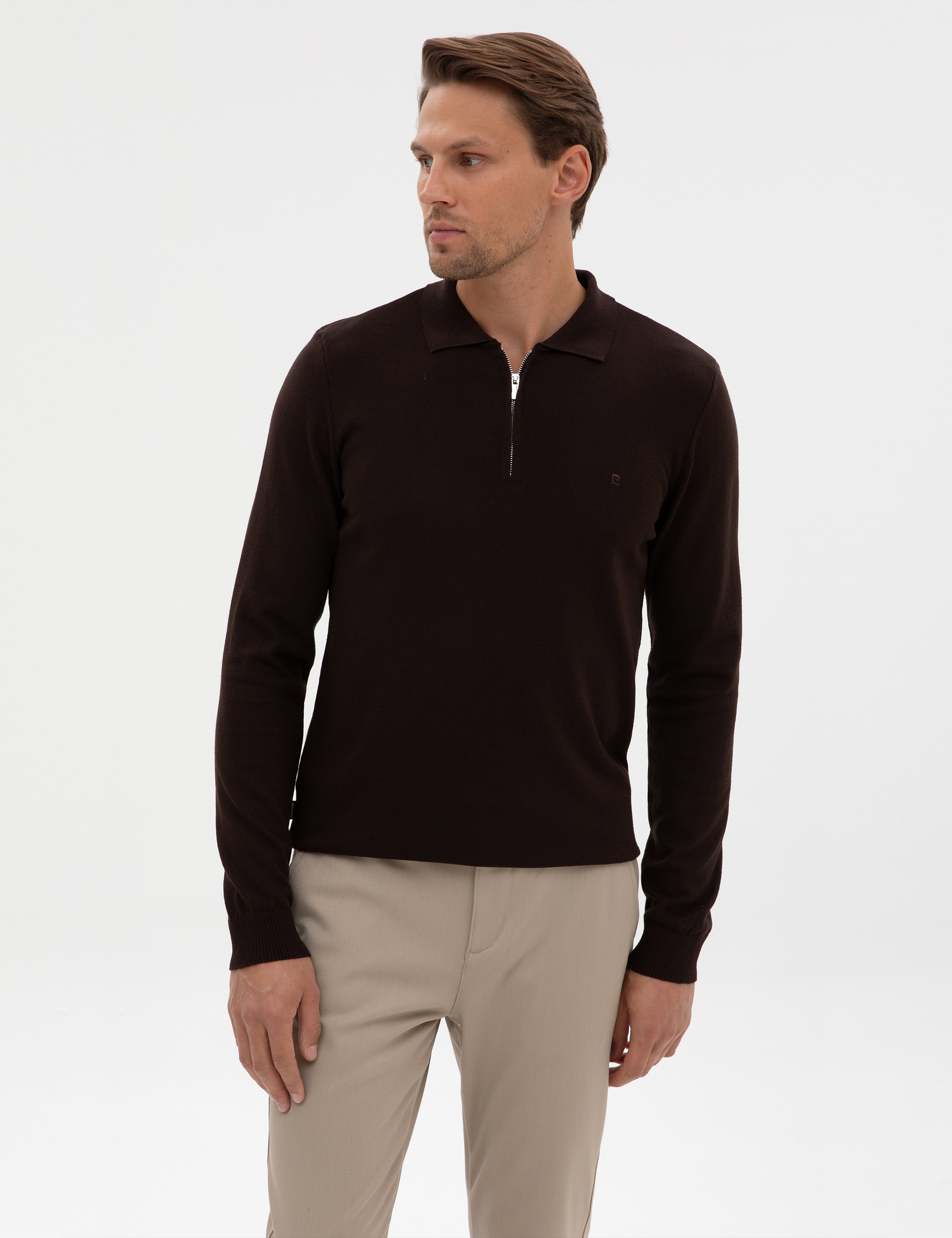 Koyu Kahverengi Slim Fit Fermuarlı Polo Yaka Basic Triko Kazak - Image 3