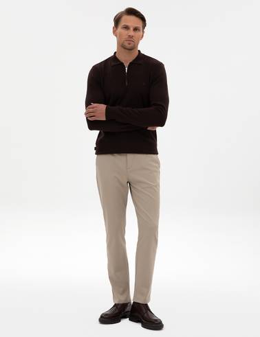 Koyu Kahverengi Slim Fit Fermuarlı Polo Yaka Basic Triko Kazak