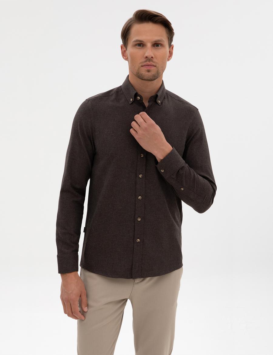 Kahverengi Flanel Dokulu Slim Fit Uzun Kollu Gömlek