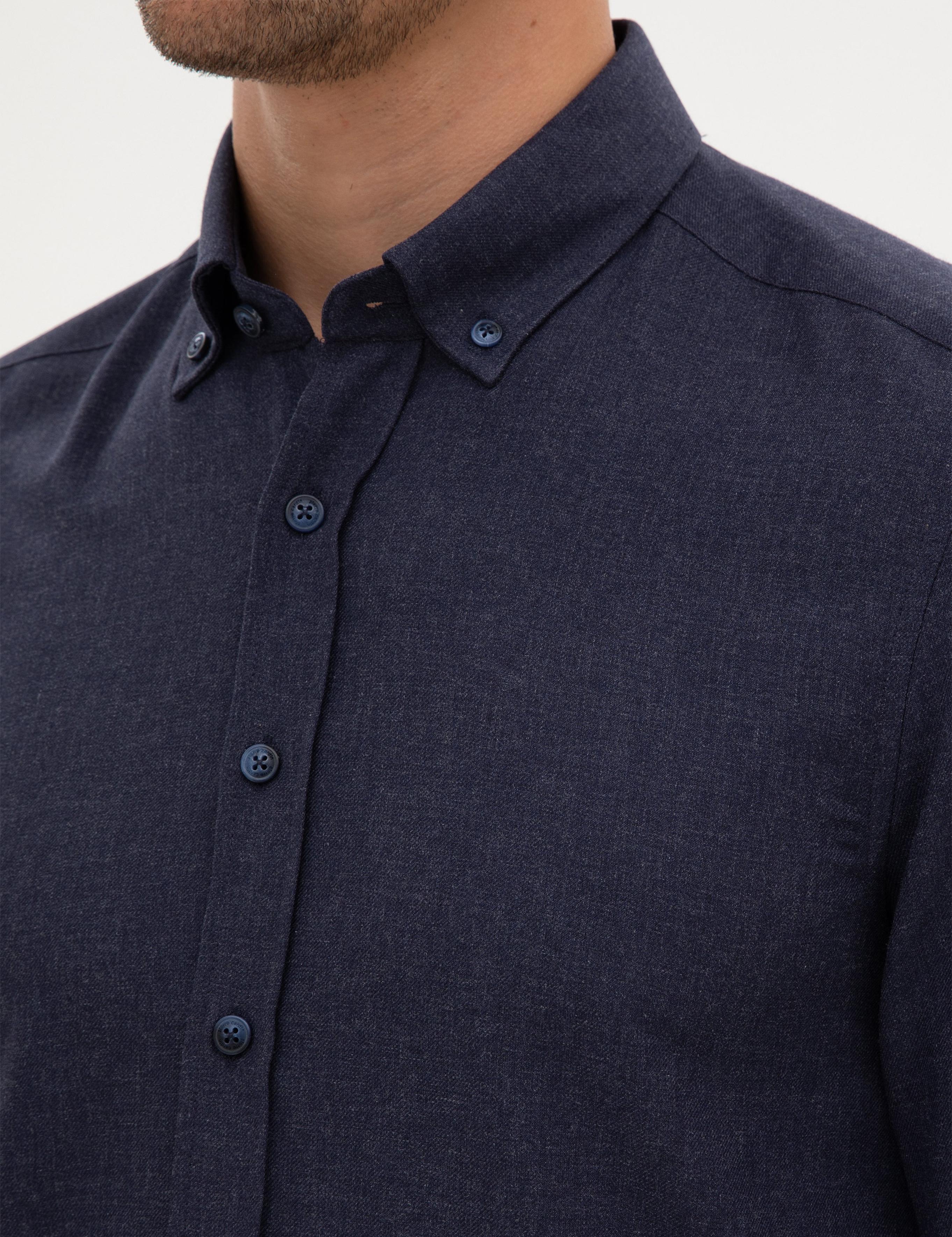 Lacivert Flanel Dokulu Slim Fit Uzun Kollu Gömlek