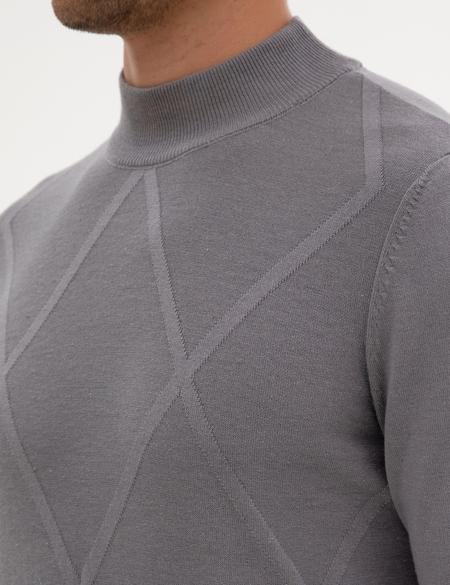 Gri Slim Fit Yarım Balıkçı Yaka Triko Kazak - 50317520007