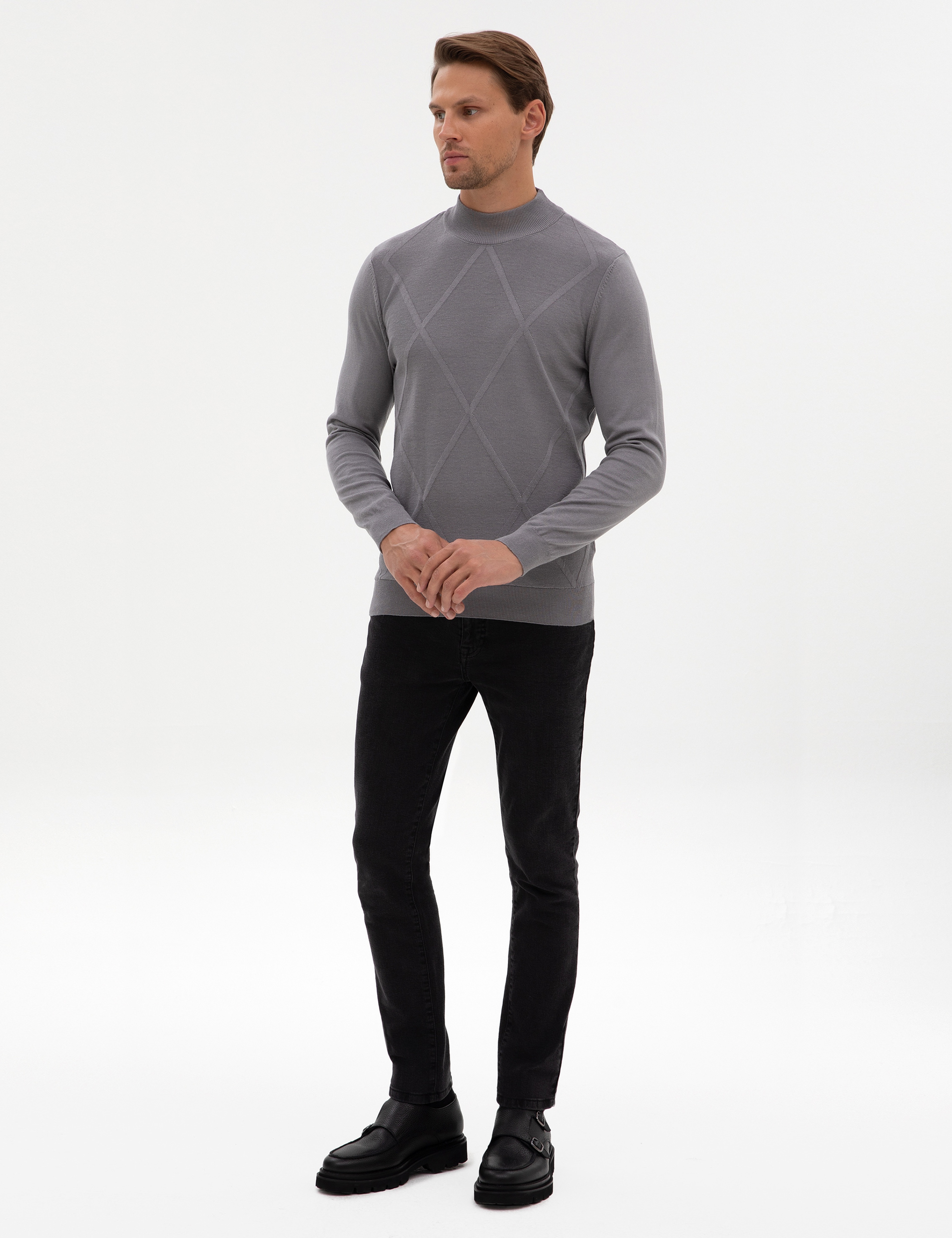 Gri Slim Fit Yarım Balıkçı Yaka Triko Kazak